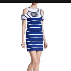 Vince Camuto Womens Shift Dress Size 4 Blue White Striped Cold Shoulder Casual